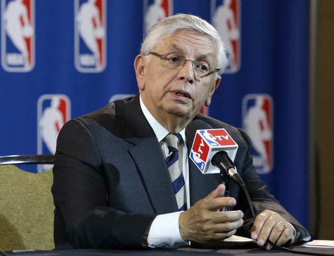FILE - In this Wednesday, May 15, 2013 file photo, NBA Commissioner David Stern takes a question from a reporter during a news conference following an NBA Board of Governors meeting in Dallas. Stern died Wednesday afternoon, the league announced. (AP Photo/Tony Gutierrez, File)