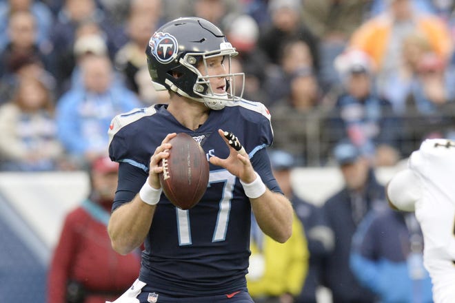 Tennessee Titans quarterback Ryan Tannehill (17) passes against the New Orleans Saints in the first half of an NFL football game Sunday, Dec. 22, 2019, in Nashville, Tenn. (AP Photo/Mark Zaleski)