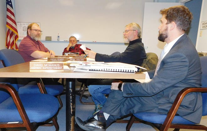 Shown during Monday’s Herkimer Town Board meeting are, from left, Deputy Town Supervisor Randy Kast, Supervisor Dominic Frank, Councilman Daniel Stalteri and Town Attorney Christopher Bray. [DONNA THOMPSON/TIMES TELEGRAM]