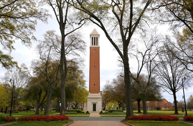 Denny Chimes, the iconic bell tower on the University of Alabama Quad, was erected in 1929 to honor George H. Denny, the university’s president from 1911-1936. The 115-foot-tall campanile (free-standing bell tower) contains a carillon of 25 bronze bells that signal time on the hour but also play the school fight song, “Yea Alabama!,” alma mater and other music. Bryant-Denny Stadium is also named for Denny, who oversaw significant expansion of enrollment and the physical campus during his tenure. The tower was constructed at a cost of $40,000. [Staff File Photo]