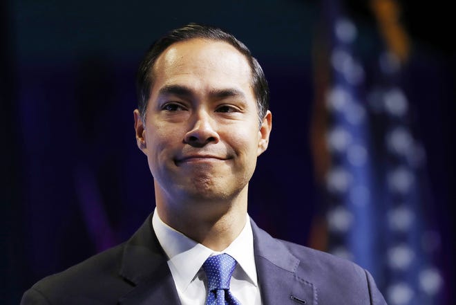 In this Oct. 28, 2019, file photo, former Housing and Urban Development Secretary and Democratic presidential candidate Julian Castro speaks at the J Street National Conference in Washington. [JACQUELYN MARTIN/ASSOCIATED PRESS]