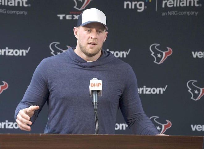 Houston Texan J.J. Watt speaks during a Dec. 24 press conference in Houston. Watt returned to practice with the Texans last week and has been added to the active rostre for Saturday’s wild card game against the Buffalo Bills. [Yi-Chin Lee / Houston Chronicle via Associated Press]