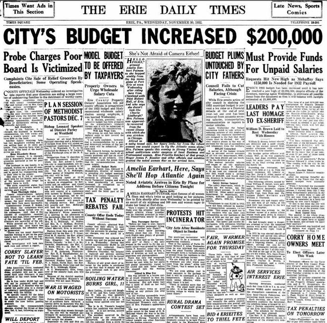 Amelia Earhart was front and center on the front page of one of the Erie Daily Times' editions on Nov. 30, 1932. [ERIE TIMES-NEWS]