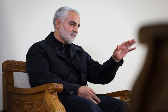 Iranian Revolutionary Guards Corps (IRGC) Lieutenant general and commander of the Quds Force Qasem Soleimani during an interview with a member of the Supreme Leader's office in Tehran, Iran on Oct. 1, 2019 in this handout photo made available by the Iranian Supreme Leader's office. (Photo: IRANIAN SUPREME LEADER'S OFFICE, EPA-EFE)