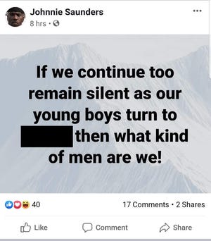 Saunders used an anti-gay slur in a now-deleted Facebook post Sunday night, before making more posts advocating against homosexuality. [Submitted]