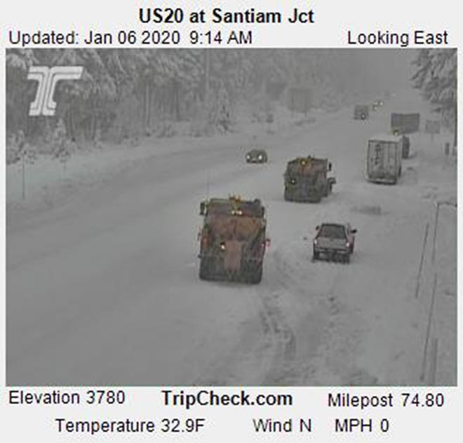 Webcam view of the Santiam Junction at 3.780 feet elevation, 9:14 a.m. Monday. [TripCheck.com]