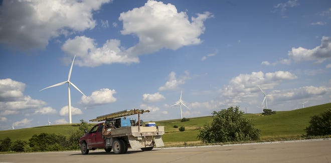 MidAmerican Energy wind turbine farm near Macksburg, Iowa, Friday, July 27, 2018. [Gannett file]