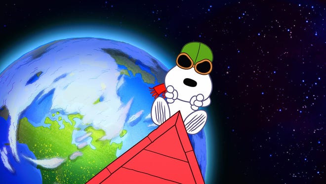 This image released by Apple shows the character Snoopy in a scene from an animated short "Snoopy in Space." Apple TV Plus has carved out prominent roles for Charlie Brown's floppy-eared beagle and puppets from the famed Sesame Workshop in its slate of kid and family friendly programs. [APPLE VIA ASSOCIATED PRESS]