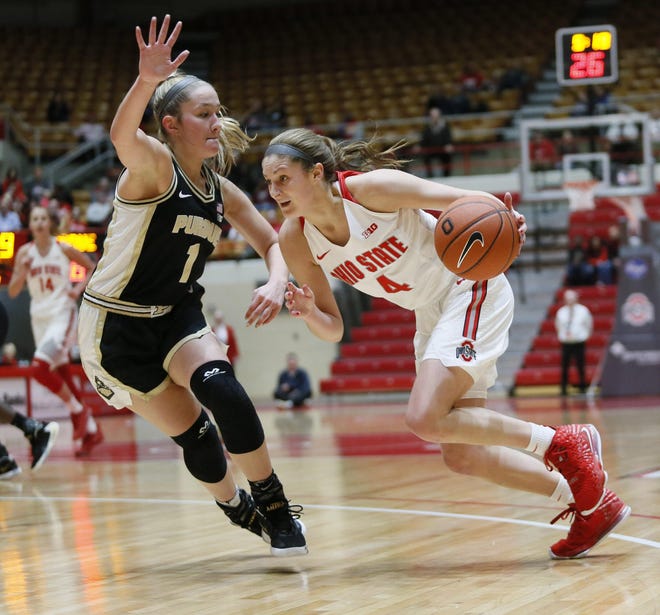 Freshman guard Jacy Sheldon is averaging 12 points per game since moving into Ohio State’s starting lineup four games ago. [Maddie Schroeder/Dispatch]