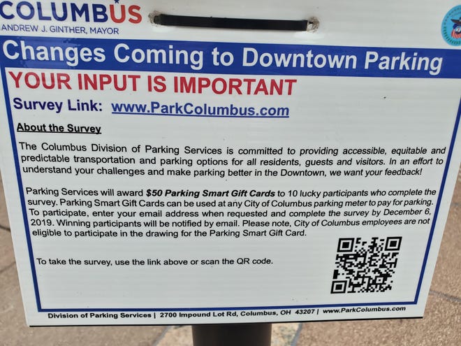 Signs appearing on parking meters downtown asked for people to take a survey about Downtown parking. [Jim Wilhelm/Dispatch]