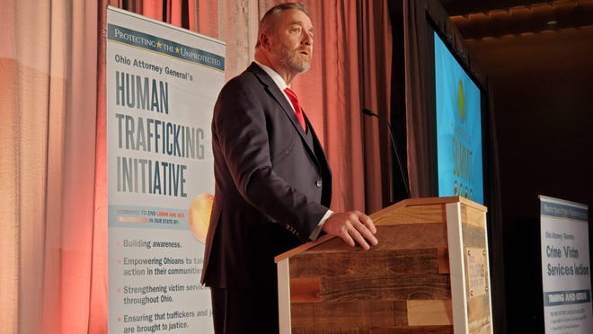 Ohio Attorney General Dave Yost, addressing the opening session of his first Hope in Action human-trafficking summit, said, “Our job together is to build roads — a highway of hope, a right of way to redemption ... a freeway to freedom.” [Randy Ludlow/Dispatch]
