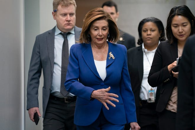 Speaker of the House Nancy Pelosi, D-Calif., arrives to meet with other House Democrats on the morning following Iranian attacks on bases in Iraq housing U.S. troops, at the Capitol in Washington, Wednesday, Jan. 8, 2020. (AP Photo/J. Scott Applewhite)