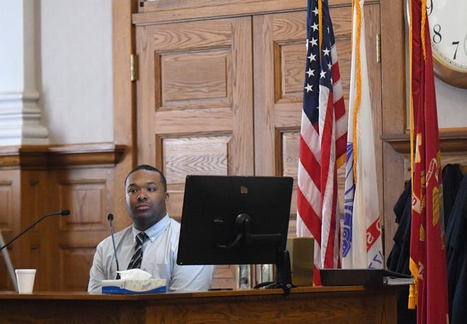 Tavist D. Chester, of Canton, testifies Thursday during his trial in Stark County Common Pleas Court. Chester is charged with aggravated murder and other counts from a May 12 shooting at R Bar & Grill, 1117 Wertz Ave. NW. (CantonRep.com / Aaron Self)
