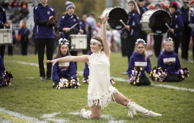 Princess Hononegah Alyssa Hamilton performs before the playoff game against Wheaton-Warrenville South on Nov. 3, 2018, at Hononegah High School. Dueling petitions are arguing whether Hononegah High School should keep its American Indian mascot. [RACHAEL KEATING/RRSTAR.COM CORRESPONDENT]