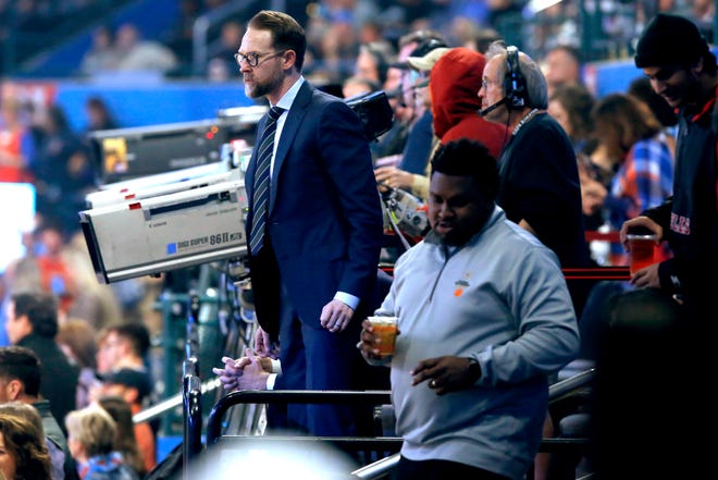 Thunder general manager Sam Presti stands before an NBA basketball game between the Oklahoma City Thunder and Houston Rockets at Chesapeake Energy Arena in Oklahoma City, Thursday, Jan. 9, 2020. [Bryan Terry/The Oklahoman]