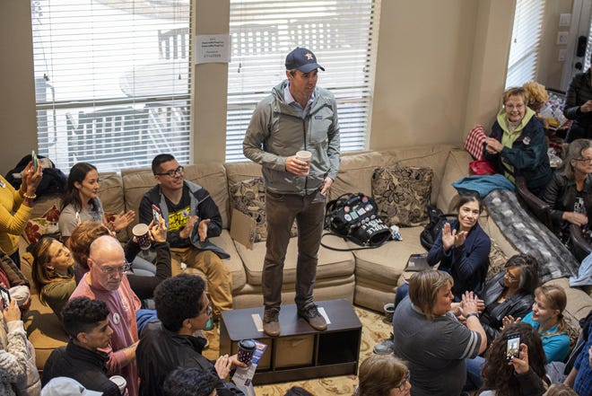 Beto O'Rourke addresses a crowd inside a home Saturday in Katy, where he was campaigning for Eliz Markowtiz, who is in a Jan. 28 special runoff election in state House District 28. [Sergio Flores for STATESMAN]
