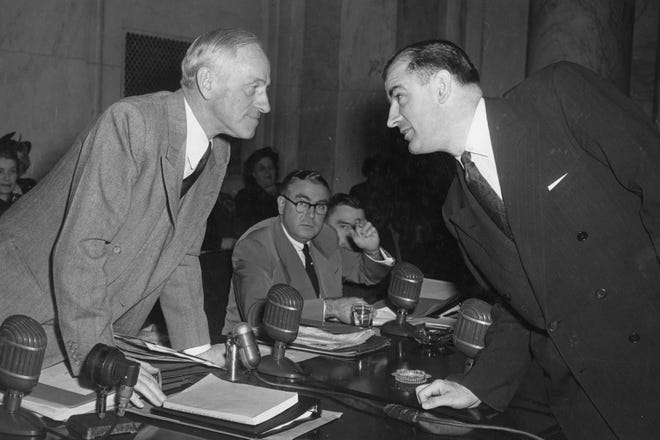 Senator Joseph McCarthy and Senator Millard Tydings [R] Maryland, face off on the first day of hearings into McCarthy’s allegations that scores of communists were working in the State Department. (Credit: PBS Pressroom)