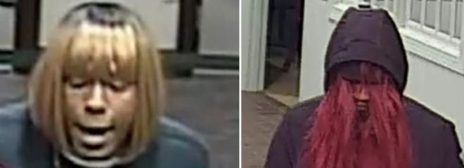 This photo combo provided by the FBI shows a person of interests in connection of bank robberies in in North Carolina. The FBI is asking the public's help in catching a so-called “bad wig bandit” who's been robbing banks in North Carolina. The FBI said in a statement on Thursday, Jan. 9, 2020, that the suspect wore a different wig during each heist in the Charlotte area. (FBI via AP)
