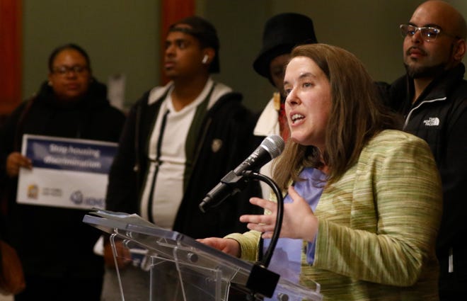 Providence City Councilwoman Rachel Miller talks about the ordinance that would ban housing discrimination based on a renter's source of income during a City Hall news conference on Monday. [The Providence Journal / Kris Craig]