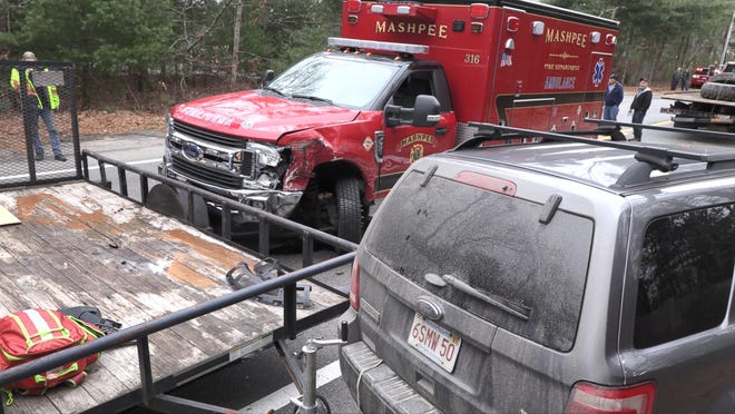 A Mashpee ambulance with a patient on board was involved in multiple-vehicle crash on Route 28 in Osterville Monday morning. [PHOTO COURTESY OF BARNSTABLE COUNTY SHERIFF'S OFFICE]
