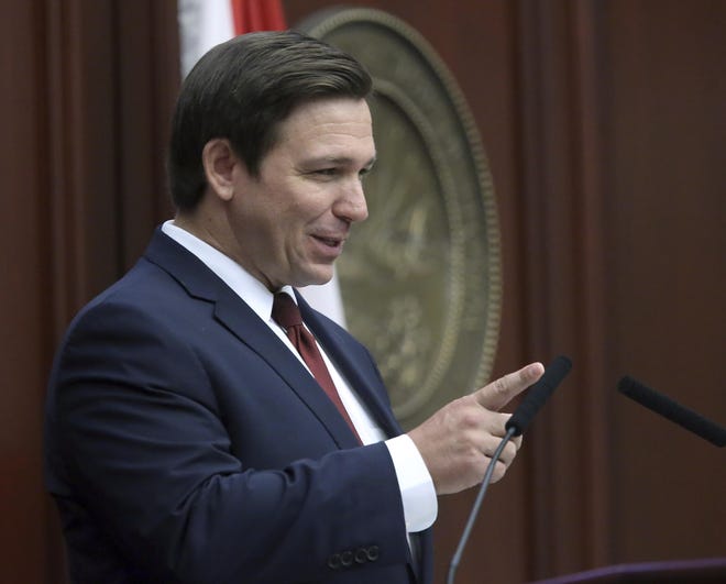 Florida Gov. Ron DeSantis delivers his state of the state address during the opening joint session on Tuesday Jan. 14, 2020, in Tallahassee. [Associated Press/Steve Cannon]