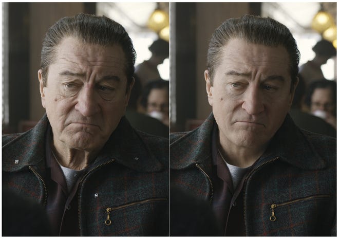 This combination of photos shows actor Robert De Niro, left, during the filming of "The Irishman" and the younger version of De Niro created by Pablo Helman, visual effects supervisor at Industrial Light and Magic. Helman and his team spent two years looking through old movies and cataloging the targeted ages that De Niro would appear in the film. (Netflix via AP)