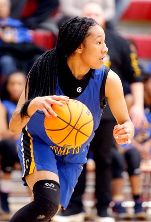 Darianna Littlepage-Buggs of Classen SAS gets a rebound during Tuesday's game at Dale. [Sarah Phipps/The Oklahoman]
