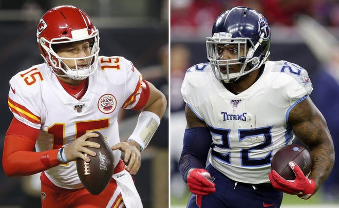 At left, Kansas City Chiefs quarterback Patrick Mahomes scrambles against the Chicago Bears during a game Dec. 2 in Chicago. At right, Tennessee Titans running back Derrick Henry (22) rushes against the Houston Texans during a game Dec. 29 in Houston. [The Associated Press]