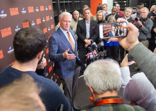 Jimmy Haslam, owner of the NFL Football Cleveland Browns answers a question during a news conference at FirstEnergy Stadium in Cleveland, Tuesday, Jan. 14, 2020.