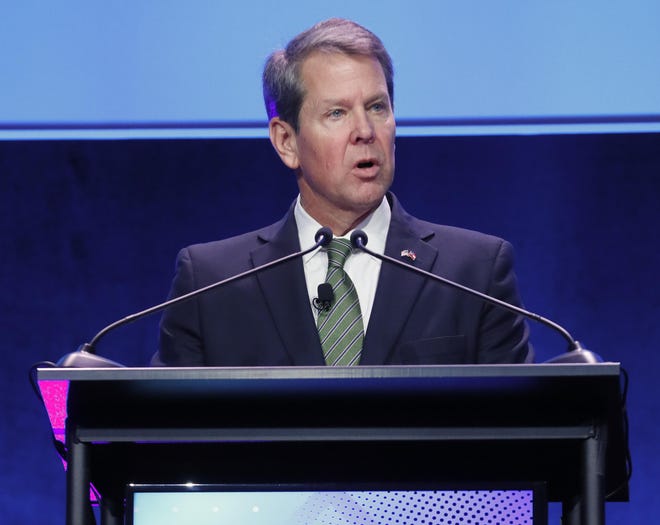 January 15, 2020 - Atlanta - Gov. Brian Kemp presents his address More than 2,500 people attended the annual Georgia Chamber of Commerce - Eggs & Issues Breakfast. Speakers included Gov. Brian Kemp, Lt. Gov. Geoff Duncan, House Speaker David Ralston, and U.S. Senator David Perdue.  Bob Andres / bandres@ajc.com