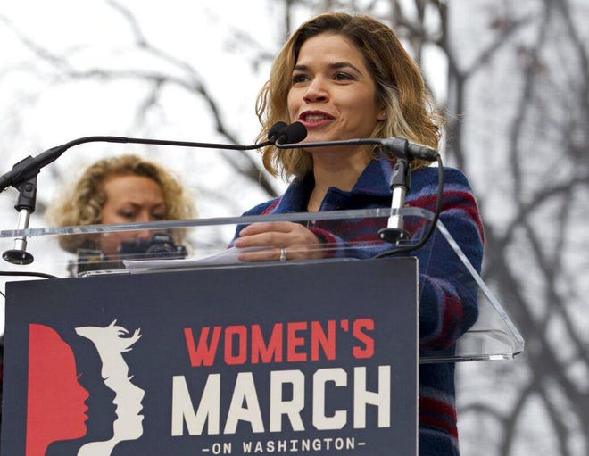 FILE - In this Jan. 21, 2017, file photo, actress America Ferrera speaks to the crowd during the women's march rally, in Washington. Ferrera and fellow actress Eva Longoria are leading a coalition of actors, writers and leaders who penned a public "letter of solidarity," Friday, Aug. 16, 2019, to U.S. Latinos in the wake of the El Paso, Texas, shooting and the immigration raid in Mississippi. (AP Photo/Jose Luis Magana, File)