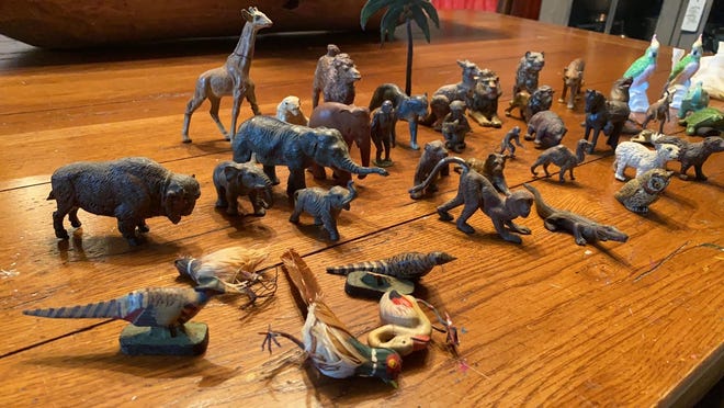 These wooden and ceramic animals were the childhood playthings of Flavel Dean Fueger of Peoria, murdered at age 22 in 1947. As a gesture of appreciation, his parents gave the toys to the killer's prosecutor, to share with his own son. [PHOTO PROVIDED]