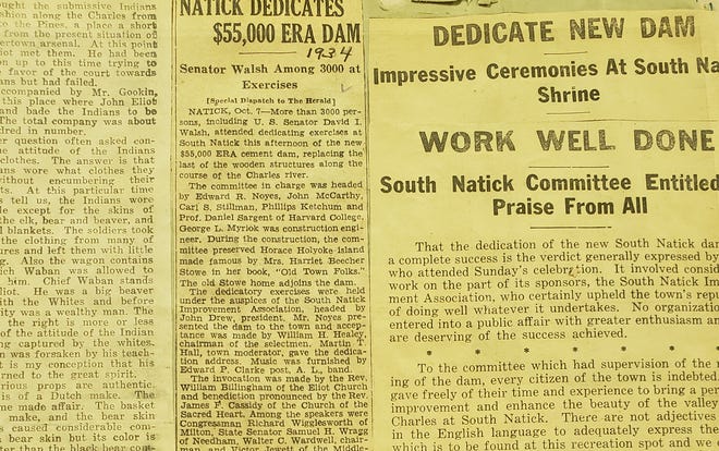 Newspaper clippings from 1934, the year the dam was completed, reported that 3,000 people attended the event, including a U.S. senator. [Clipping provided by Natick Historical Society]