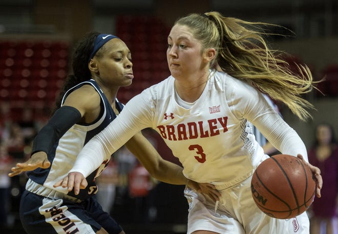 Bradley's Gabi Haack makes a move around a Jackson State defender during their game Tuesday, Dec. 10, 2019 at Renaissance Coliseum. The Braves defeated Jackson State 78-69. [MATT DAYHOFF/JOURNAL STAR]