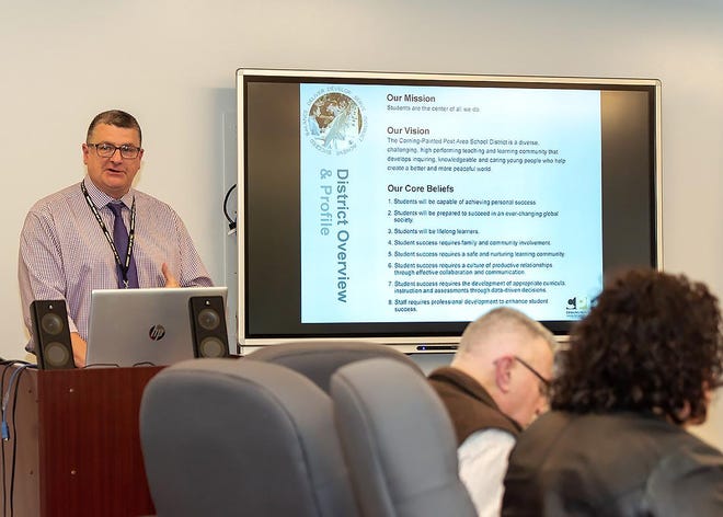 Corning-Painted Post Superintendent Michael Ginalski discusses the district’s work in the 2018-19 school year during his annual report to the Board of Education, presented Jan. 15. [James Post/The Leader]