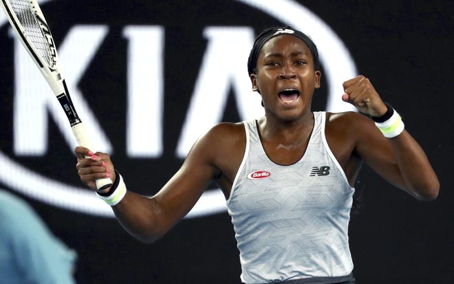 Coco Gauff reacts Monday during her first-round singles match against fellow American Venus Williams at the Australian Open in Melbourne, Australia. Gauff defeated Williams 7-6 (5), 6-3. [Dita Alangkara/The Associated Press]