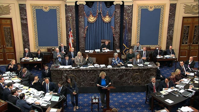 In this image from video, impeachment manager Rep. Zoe Lofgren, D-Calif., speaks in support of an amendment offered by Sen. Chuck Schumer, D-N.Y., during the impeachment trial against President Donald Trump in the Senate at the U.S. Capitol in Washington Tuesday. [SENATE TELEVISION VIA ASSOCIATED PRESS]
