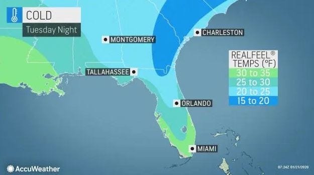 On the whole, the Southeast had been experiencing a warmer winter, according to AccuWeather. However, cold air has now made a pit stop. As of 9 a.m. Tuesday, the temperature in Orlando was 45℉, according to Accuweather. The high will only hit the low 50s. [AccuWeather graphic]