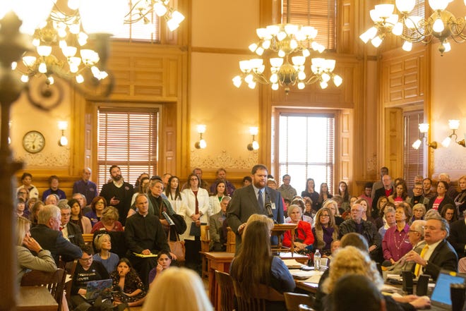 The Kansas Legislature convened a joint House and Senate committee hearing Tuesday that attracted a large audience to consider a proposed constitutional amendment reversing a 2019 decision by the Kansas Supreme Court that found a fundamental right to abortion existed in the Kansas Bill of Rights. [Evert Nelson/The Capital-Journal]
