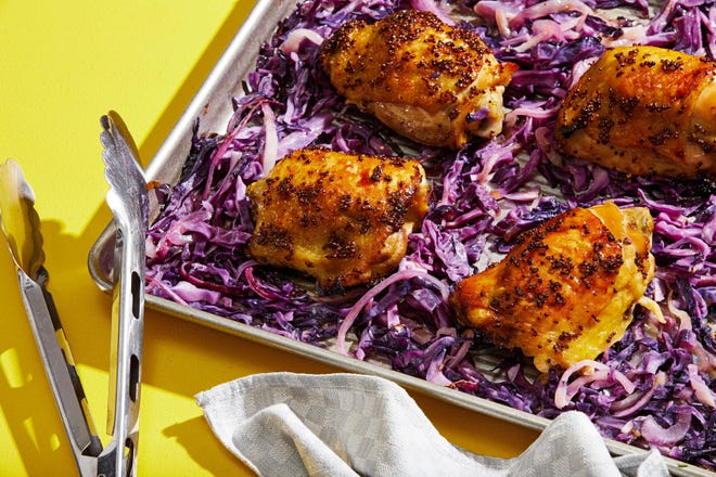 Sheet Pan Maple-Mustard Chicken Thighs and Red Cabbage. (Tom McCorkle for The Washington Post)