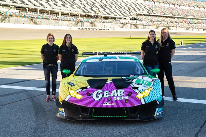 The driving roster for the GEAR Racing powered by GRT Grasser Lamborghini Huracan GT3, from left: Rahel Frey, Tati Calderson, Katherine Legge and Christina Nielsen. [Photo/Jamey Price]