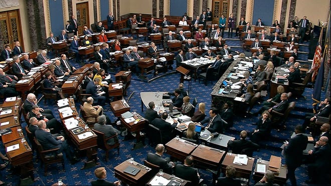 In this image from video, Senators vote on approving the rules for the impeachment trial against President Donald Trump in the Senate at the U.S. Capitol in Washington, Wednesday, Jan. 22, 2020. Senate resolution 483 passed along a party-line vote of 53-47. (Senate Television via AP)