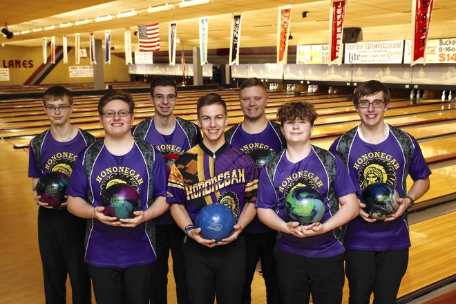 Hononegah High School boys varsity bowling team members Justin Mooney, from left, Ty Wasserman, Todd Andreas, James Stewart, Cameron Tyler, Connor Mooney and Alex Buchko are shown here Wednesday, Jan. 22, 2020, during practice at Viking Lanes in South Beloit. Team member Andrew Riley is not pictured. [SUSAN MORAN/RRSTAR.COM CORRESPONDENT]