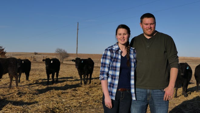 Rachael and Bradon Wiens stop for a photo with their full-blooded Wagyu cattle on Wiens Wagyu in Meade. [Alice Mannette/HutchNews]