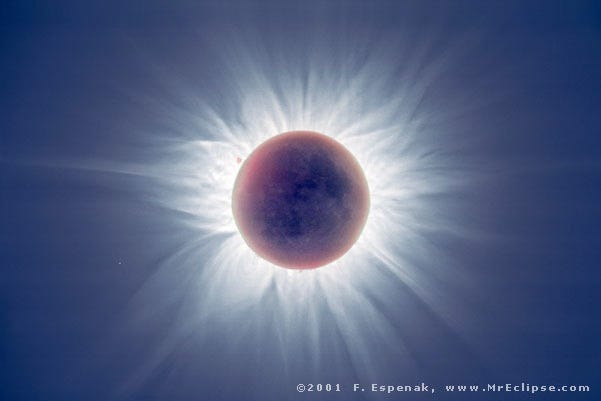 This composite image of a total solar eclipse, taken by Fred Espenak, June 21, 2001 from Zambia, shows the Earthshine faintly illuminating the new moon, covering the sun. The sun’s “atmosphere,” the solar corona, is visible. [Wikimedia Commons/Public Domain]