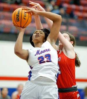Moore's Aaliyah Moore is fouled by Bishop Miege's Payton Verhulst during a girls basketball game between Moore and Bishop Miege in Moore, Okla., Friday, Jan. 24, 2020. [Bryan Terry/The Oklahoman]