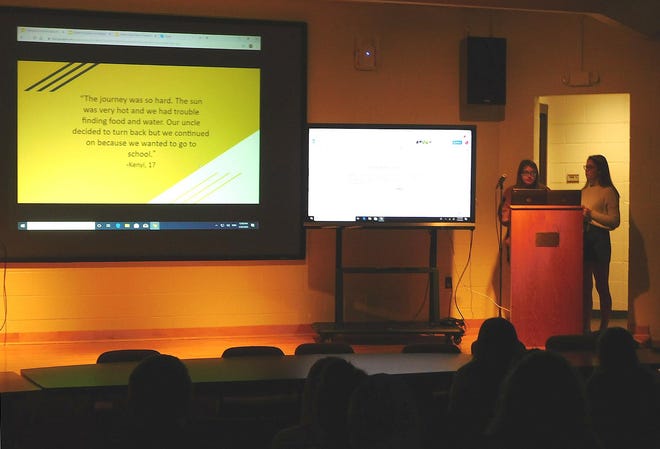 Central Valley and Richfield Springs students joined together for their first Human Rights Forum at Central Valley Academy Friday. Pictured are two students giving one of the presentations during the event. [STEPHANIE SORRELL-WHITE/TIMES TELEGRAM]