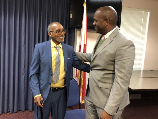 Jacksonville resident Clifford Williams, left, meets with state Rep. Bobby DuBose in the Florida Capitol on Jan. 22. Williams recently was exonerated and released from prison after serving 43 years. DuBose is sponsoring legislation to get rid of the so-called “clean hands” provision in state law that is forcing Williams to seek approval from the Florida Legislature before he can be compensated for his wrongful incarceration. The bill is advancing, but more ambitious criminal justice reforms could struggle to gain traction in the Legislature. [Zac Anderson/Herald-Tribune]