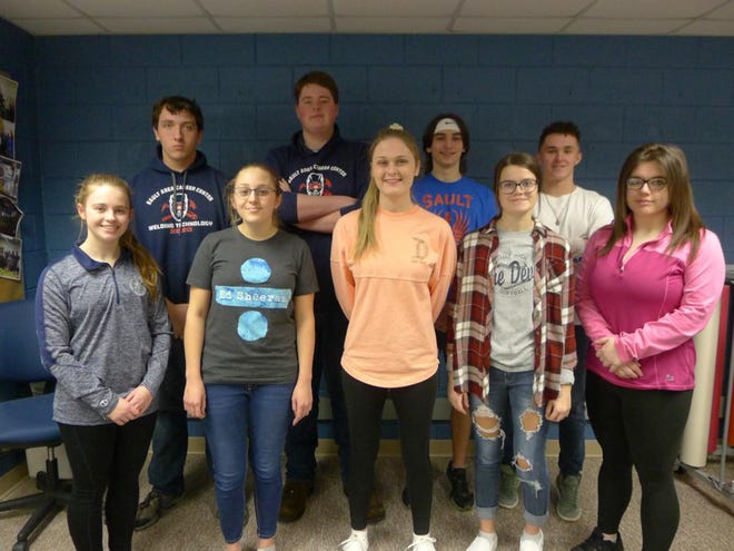 The outstanding Sault Area Career Center students for the second quarter were recently announced. They include, front row, from left: Madison LaBonte (Heath Sciences), Carrigan Craven (Accounting/Financial Marketing), Brooke Baker (Digital Business), Lauryn Brown (Emergency Medical Services), Lillian Tracey (Business Administration); back row, from left: Matt Edington (Welding), Anthony Spencer (Construction), Wyatt Miller (Drafting & Design), Morgan Burd (Automotive). Missing from photo: Steven Tinker (Machine Tool), Jocelyn Portice (Law Enforcement), Alyssa Morley (Work Based Learning). [Courtesy photo]