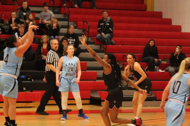 Lake Region State College's Maddy Leaf takes a 3-pointer attempt during the second half of a NJCAA women's basketball game against North Dakota State College of Science Sunday, Jan. 26, 2020 in Devils Lake.